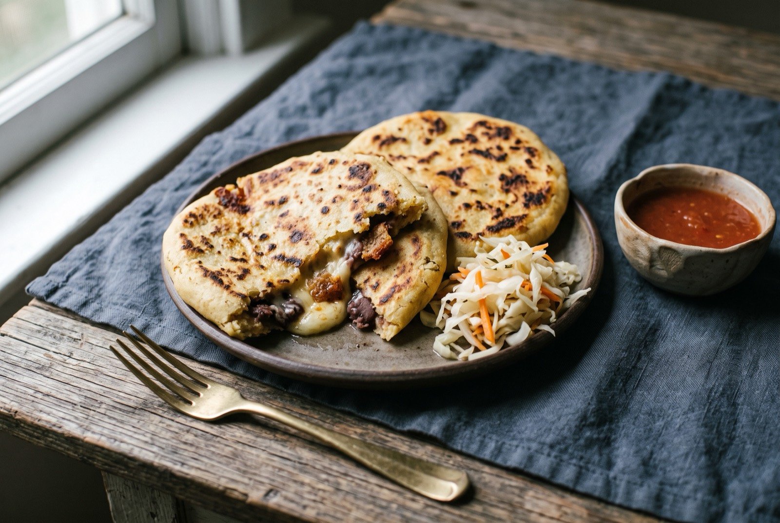 Pupusas revueltas, griddled corn masa cakes stuffed with cheese, beans and pork crackling: two thick, golden brown corn masa cakes with distinct toasted char spots and a faint puff to the surface, one cake broken open to reveal a molten mix of melted cheese.