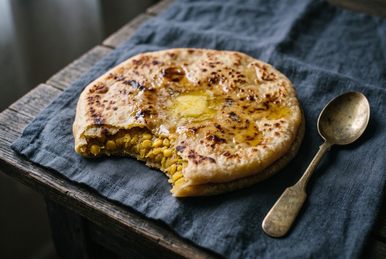 Puran poli, a sweet lentil-stuffed flatbread: a round golden-brown flatbread, one edge torn to show a dense yellow lentil and jaggery filling inside, a small pool of ghee glistening on top.