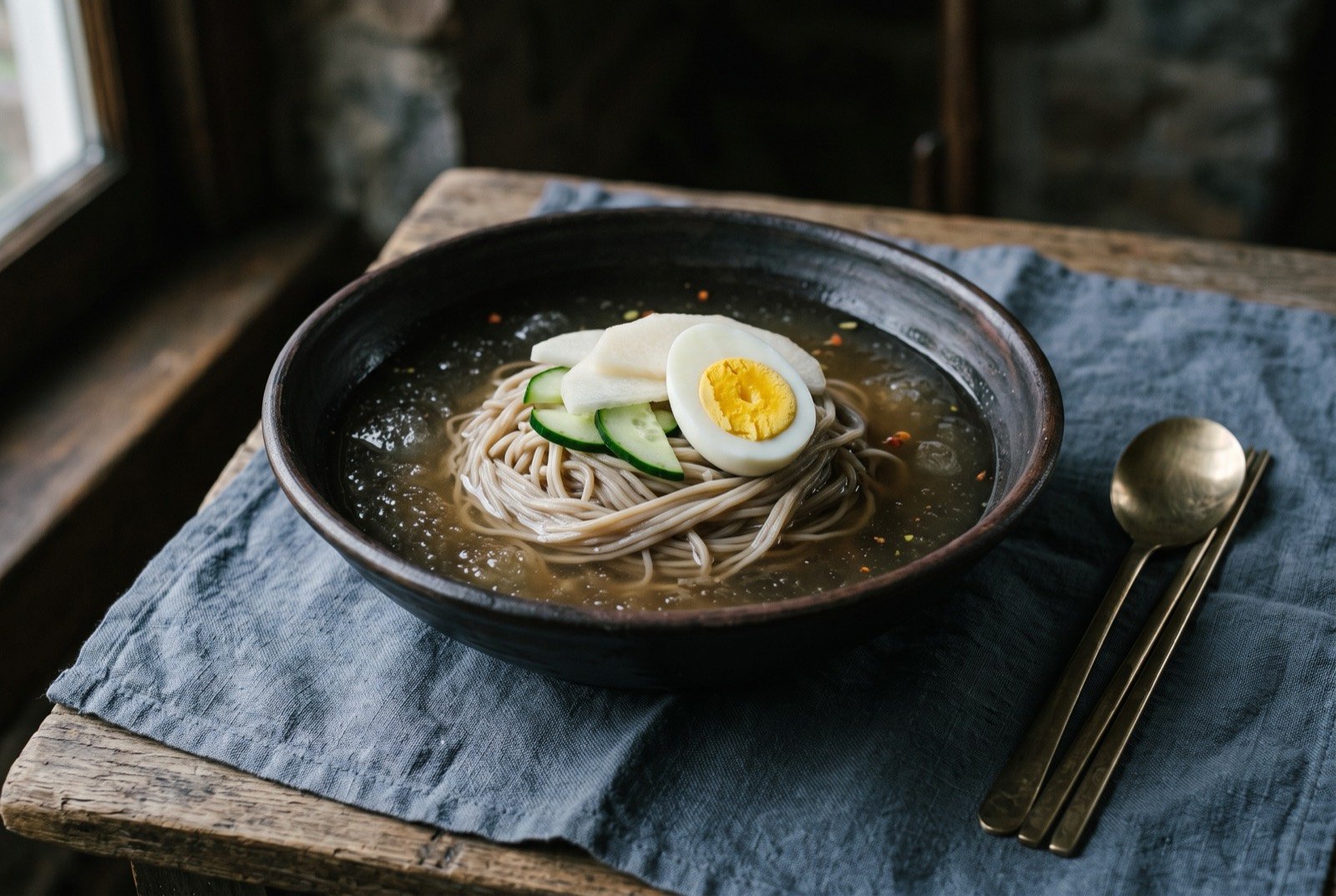 Pyongyang naengmyeon, cold buckwheat noodles in a clear chilled beef and dongchimi broth: a tangle of pale grey-brown buckwheat noodles coiled in a wide dark bowl, submerged in a clear, faintly amber chilled broth.