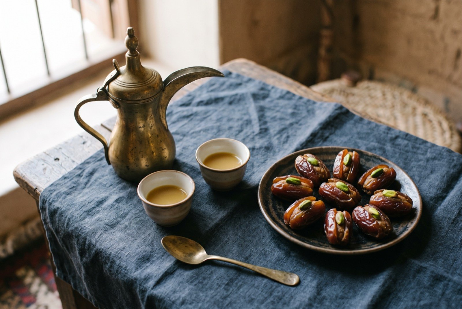 Qahwa and dates, the Omani arrival ritual: two small handleless cups of pale golden coffee, filled only a third full, set beside a low brass pot, a plate of glossy stuffed dates each topped with a single pistachio resting alongside.