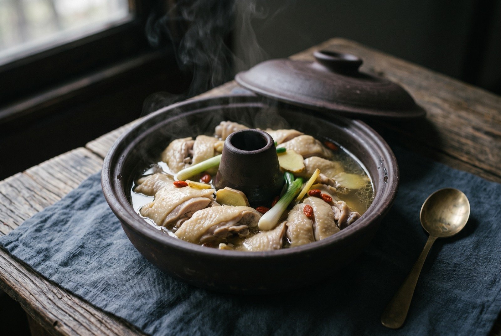 Qi guo ji, Jianshui steam-pot chicken cooked whole in an unglazed clay pot by condensation alone: an unglazed purple-clay pot with a central raised funnel, its lid removed to show pale, tender chicken pieces sitting in a small pool of clear golden broth.