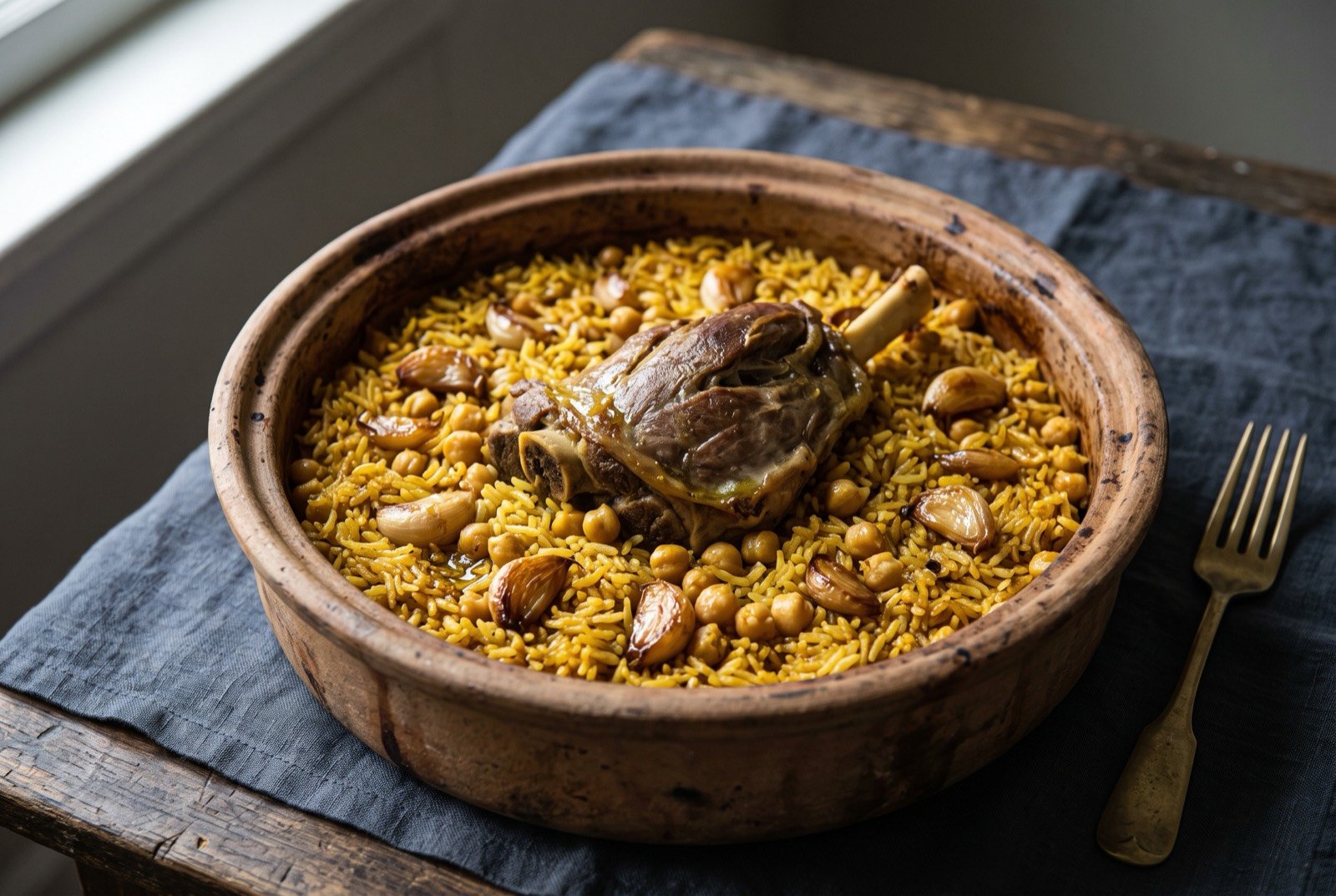 Qidreh, Gazan and Hebroni clay pot rice and lamb: a wide clay pot of golden rice studded with whole garlic cloves and chickpeas, a large piece of lamb resting bone up at the centre.
