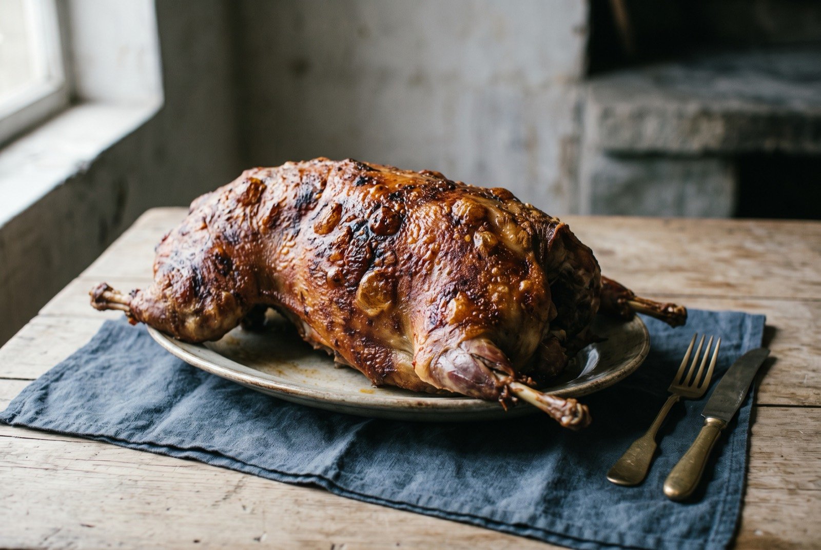 Qingzhen whole roast lamb, a halal festival centrepiece: a whole roasted lamb with deeply bronzed, blistered skin, resting on a large platter, the meat visibly tender at the joints.
