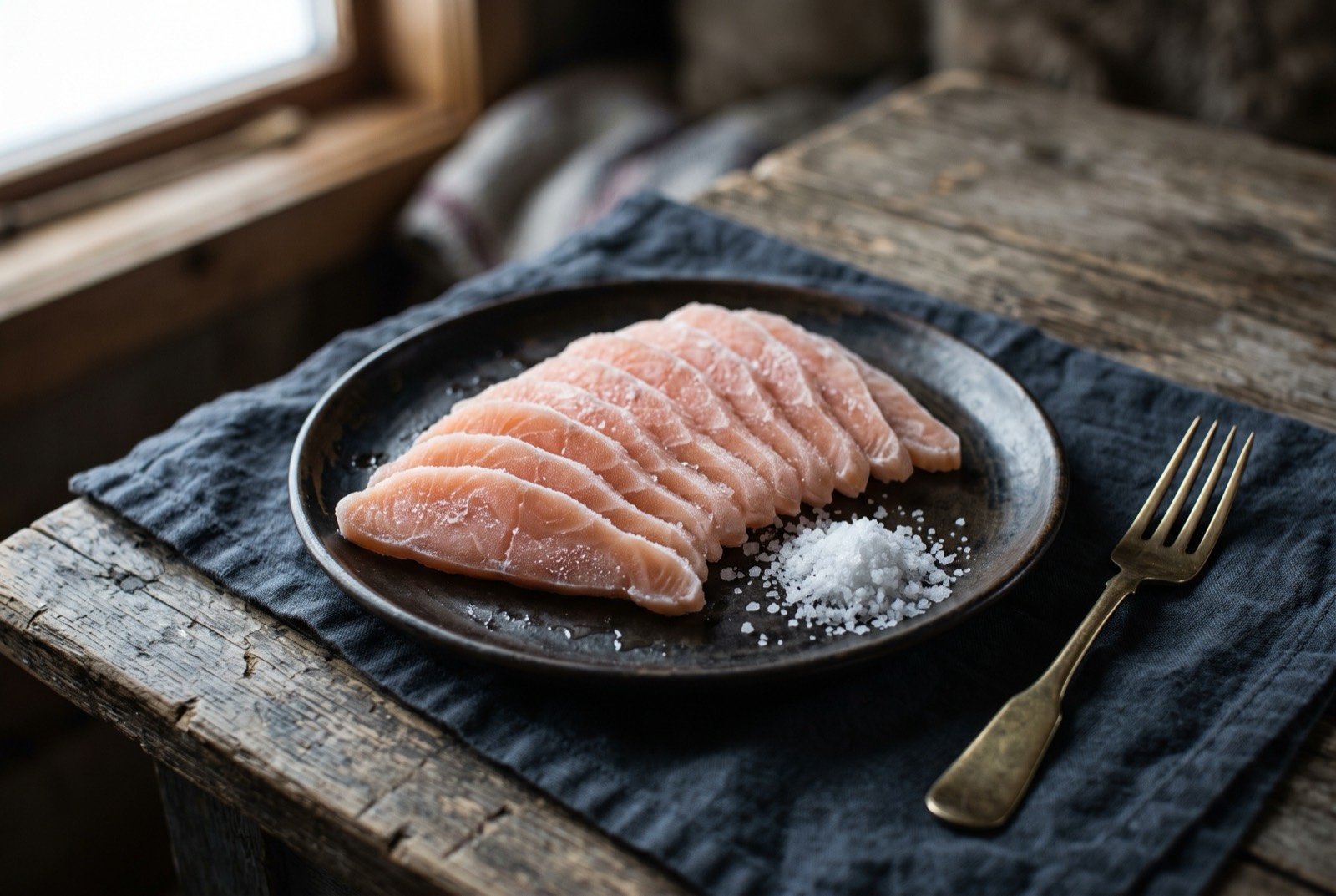 Quaq, frozen raw fish, sliced: translucent pale orange-pink slices of frozen fish fanned across a dark plate, each slice glistening with a faint frost still clinging to its edges.