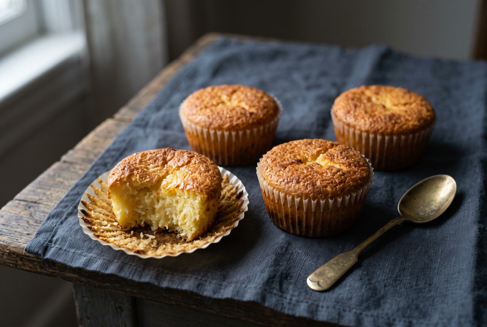 Queijadinha, a coconut custard tartlet: small golden brown tartlets in fluted paper cases, their tops domed and faintly cracked, one broken open to show a moist.