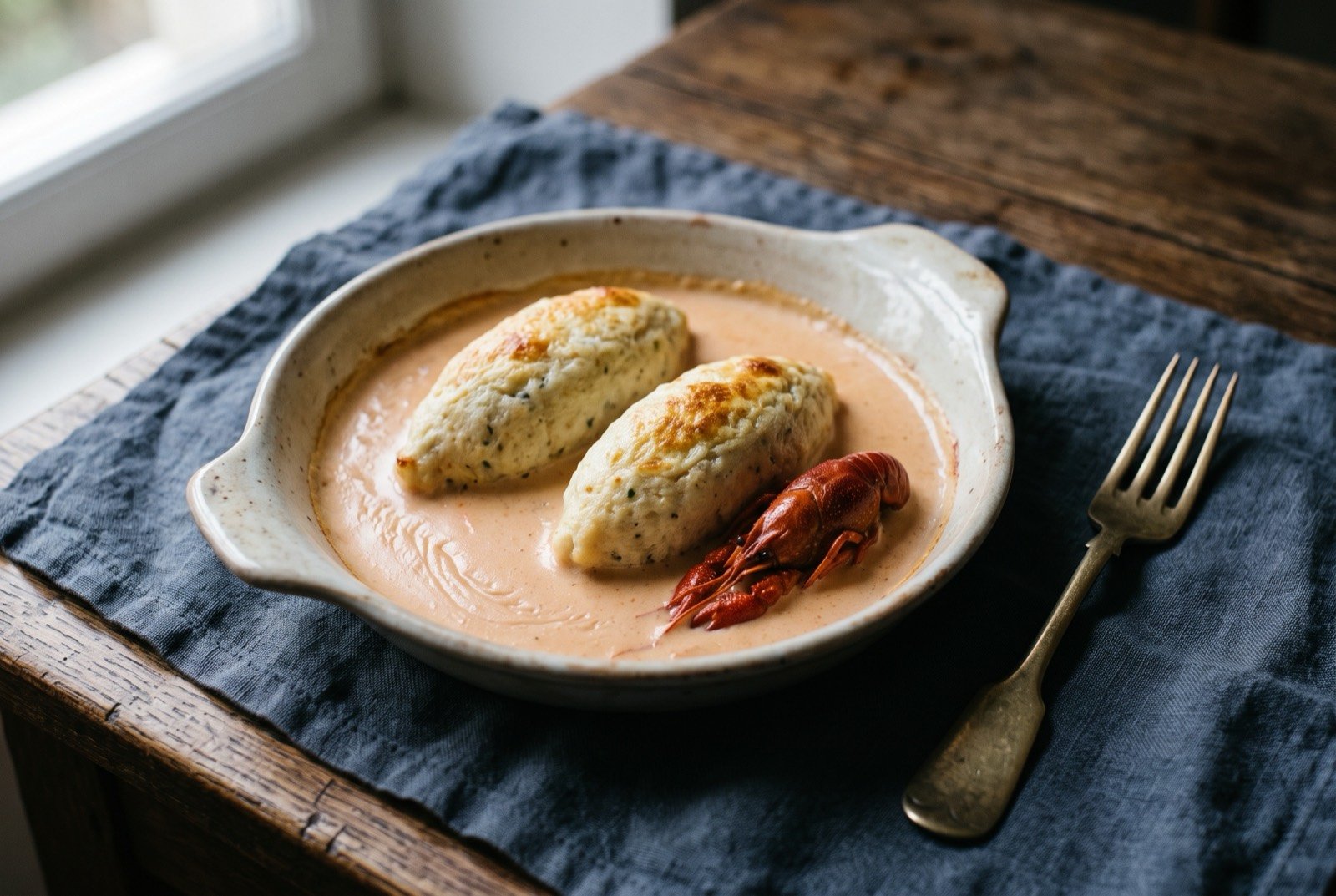 Quenelle de brochet, pike dumplings baked in a pink crayfish sauce Nantua: plump, oval dumplings puffed and pale gold at the surface, half submerged in a glossy, salmon pink crayfish sauce, the gratin dish lightly coloured and bubbling at the edges.