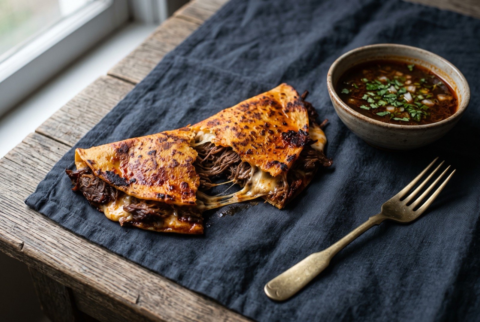 Quesabirria estilo Tijuana, cheese and birria stuffed folded tortilla: a folded tortilla stained deep red orange from the birria fat it was dipped in, torn open to show melted cheese stretching from a filling of dark shredded braised meat.