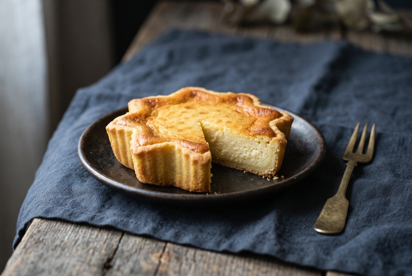 Quesadilla herreña, sweet cheese pastry: a small, star-shaped pastry with a golden, lightly domed top marked by the fluted ridges of its traditional mould, resting on a dark plate.