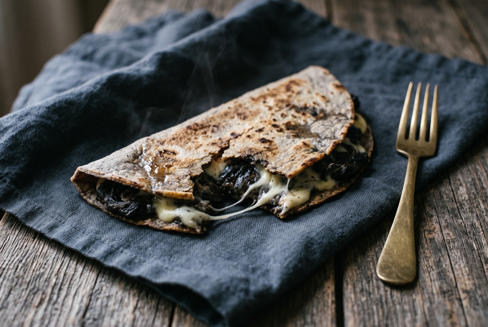 Quesadillas de huitlacoche, corn smut and melted cheese in a folded tortilla: a folded fresh corn tortilla, torn open slightly at one end to show a dark, near black earthy filling threaded with strings of melted white cheese.