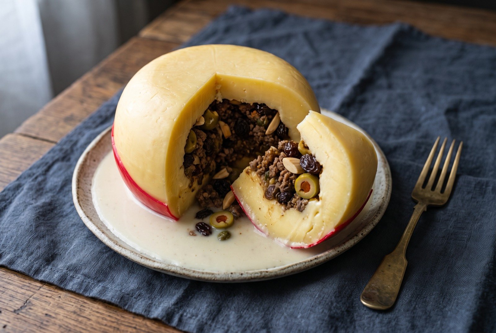 Queso relleno, a whole Edam cheese stuffed with picadillo in white sauce: a rounded wheel of pale yellow cheese with its red wax rim still visible at the base, cut open to reveal a dark savoury filling studded with olives and raisins.