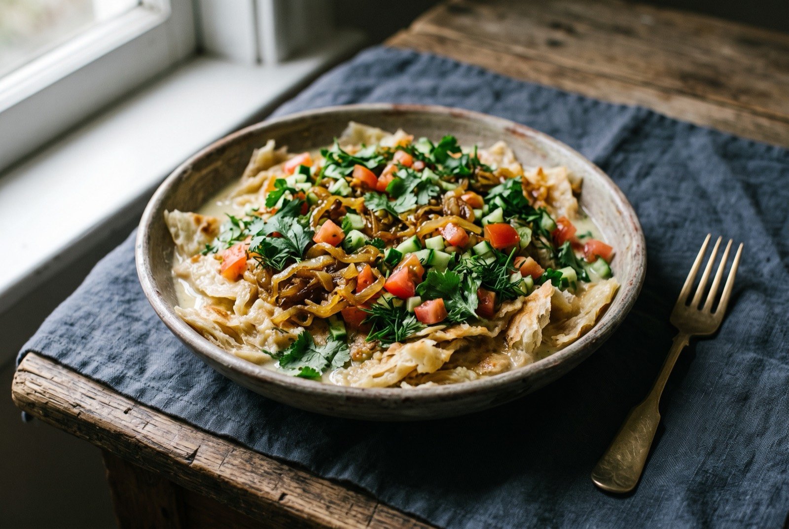 Qurutob: torn pieces of layered fatir bread soaked in a pale, tangy fermented yoghurt sauce in a shared clay bowl, piled with fried onion, tomato, cucumber and herbs, eaten by hand.