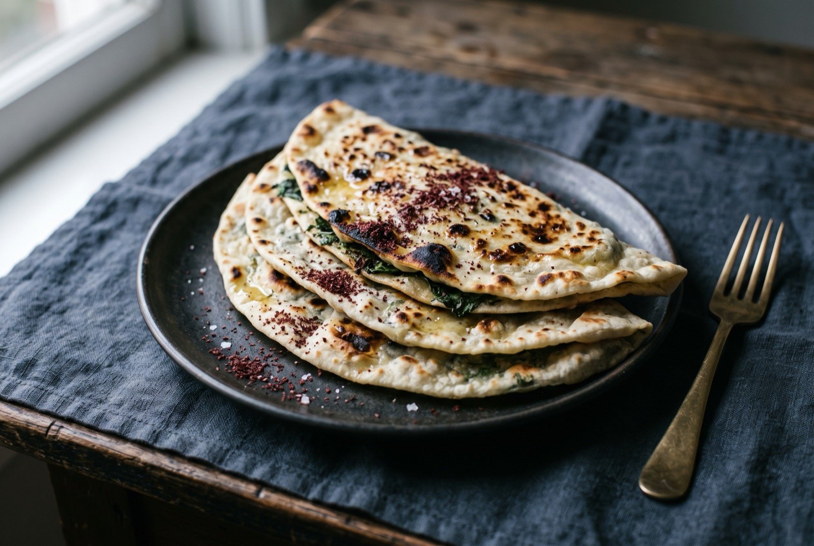 Qutab, a thin half moon flatbread filled with wilted greens and cooked dry on a hot griddle: a thin, blistered half moon flatbread with a mottled golden and lightly charred surface, a faint green tint showing through the thinnest part of the dough from the herb filling beneath.