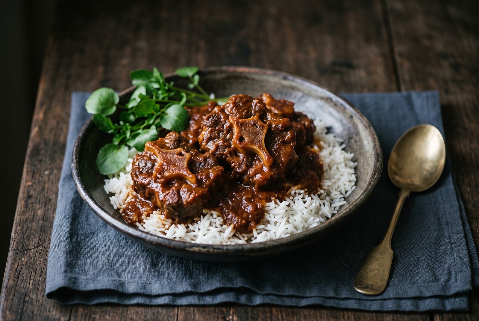 Rabada, a slow braised oxtail stew: large sections of oxtail falling from the bone in a thick, dark reddish brown tomato based sauce, served over a mound of white rice in a shallow bowl.