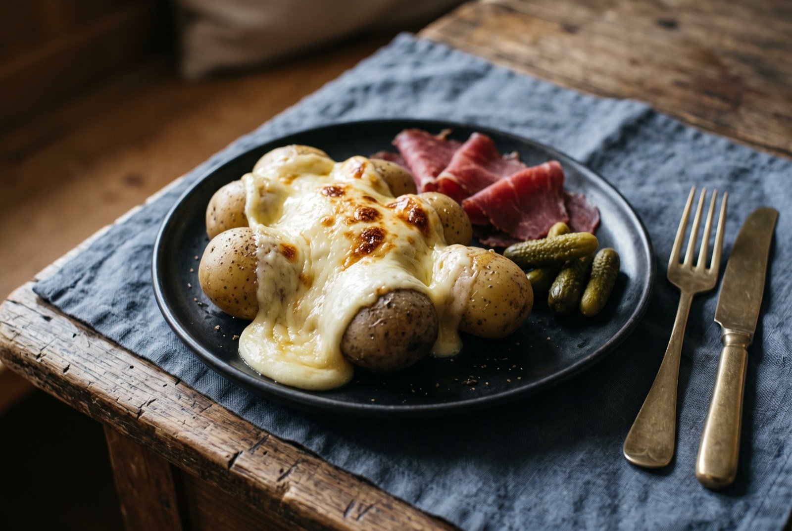 Raclette, a half wheel of melted alpine cheese scraped over boiled potatoes and cured meats: a large half wheel of pale golden cheese under a raclette grill, its cut surface fully melted and beginning to slump forward.