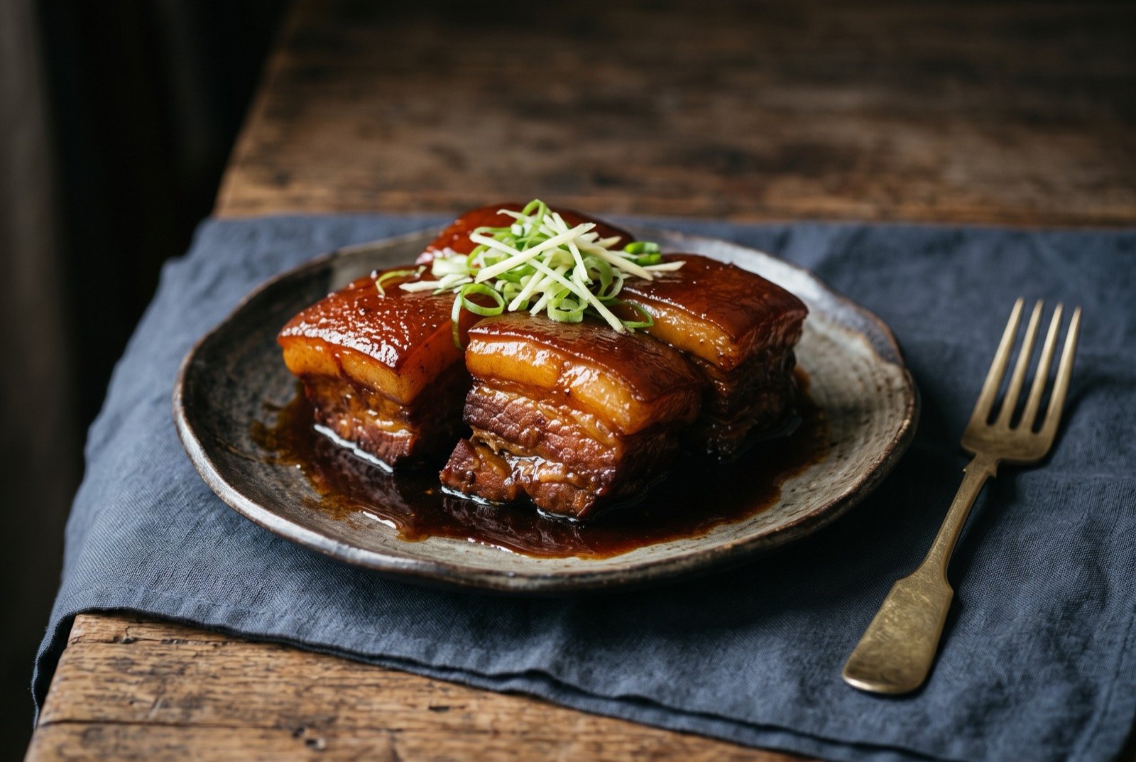 Rafute, awamori-braised pork belly: thick glossy chunks of pork belly with deep amber skin, coated in a dark reduced glaze, arranged on a small dark plate, the fat rendered soft and translucent.
