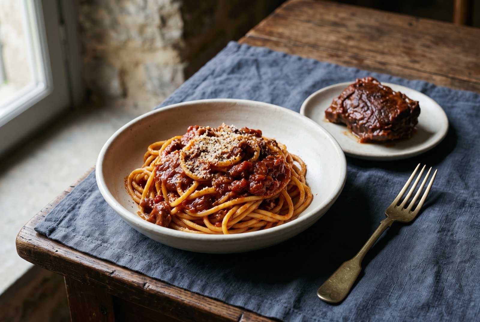 Ragù Napoletano, whole cuts of beef and pork slow simmered for hours in tomato: a deep bowl of pasta coated in a dark, glossy, long-simmered tomato sauce with a rich reddish brown hue, alongside a separate plate with whole braised pieces of meat falling apart at the touch.