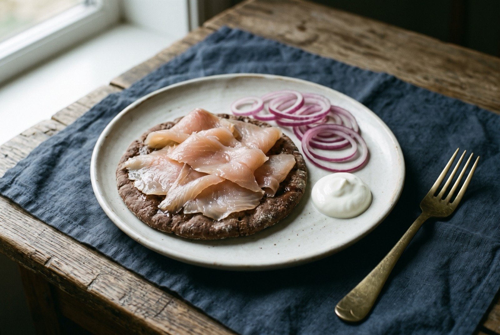 Rakfisk, months-fermented trout on flatbread: thin translucent pale pink slices of fermented trout laid across a dark round of flatbread, a scattering of raw red onion rings and a small dollop of sour cream beside.