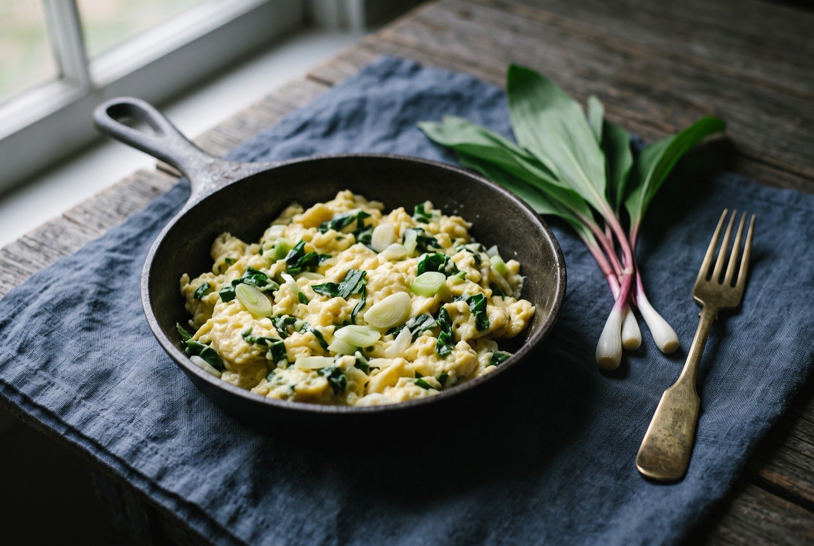 Ramps and eggs, wild leeks scrambled with soft curds: a small cast iron skillet of pale yellow soft scrambled eggs flecked with dark green ramp leaves and pale sliced ramp bulbs.