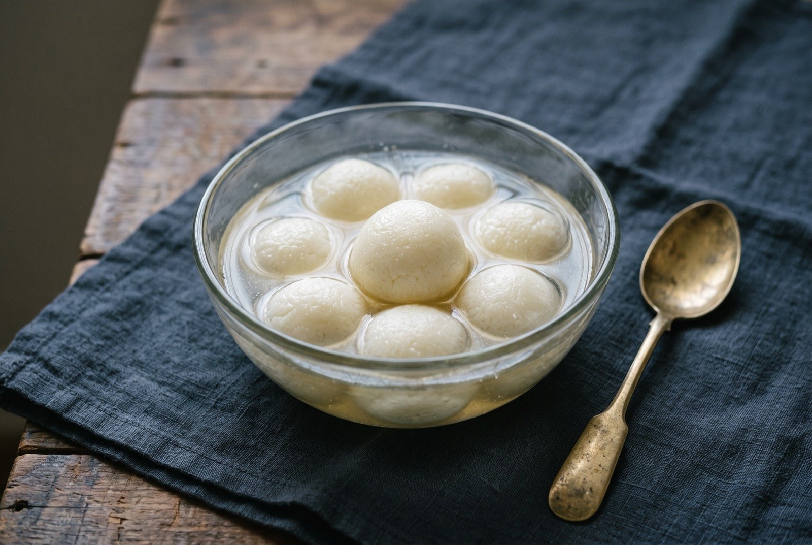Rasgulla, spongy chhena balls poached in sugar syrup: several smooth, bright white spongy balls submerged in a clear, faintly golden sugar syrup, in a shallow glass bowl, the balls' surface glistening wet.