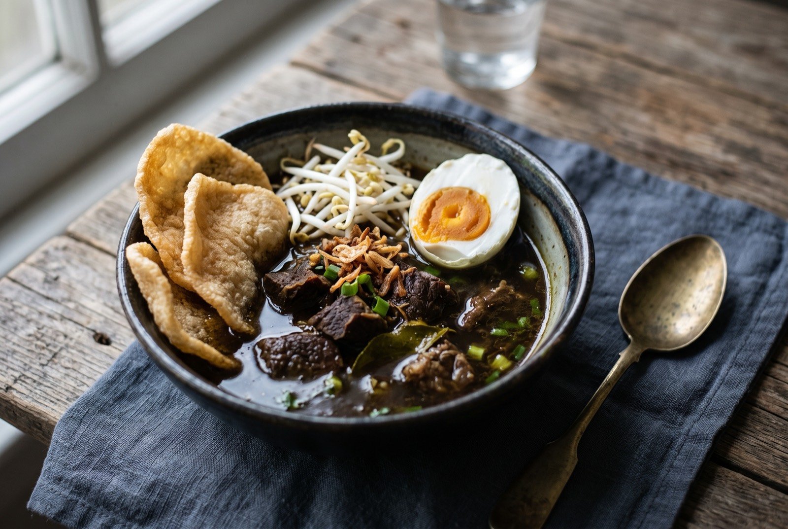 Rawon, a black kluwak beef soup with bean sprouts and a salted egg: a deep bowl of near-black broth, tender beef pieces submerged within it, a halved dark-yolked salted egg and a small heap of raw bean sprouts resting at the edge.