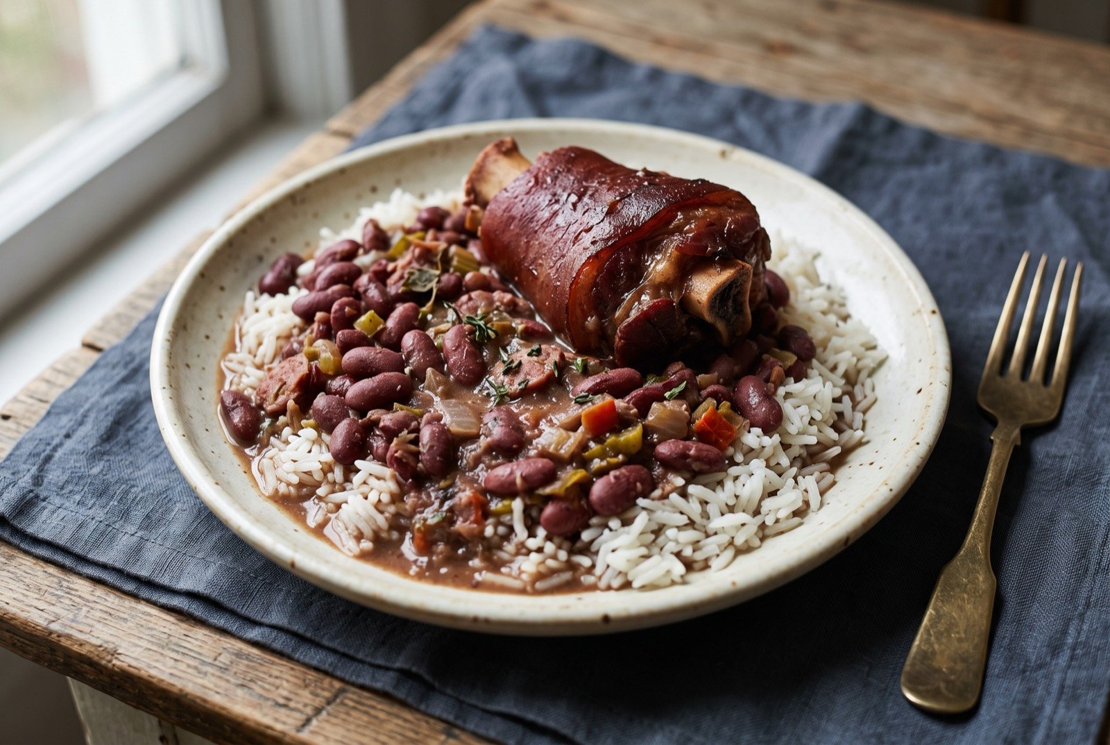 Red beans and rice, Monday's pot: a plate of deep maroon red beans in a thick, creamy sauce, ladled over a mound of white rice, a piece of smoked ham hock resting on top.