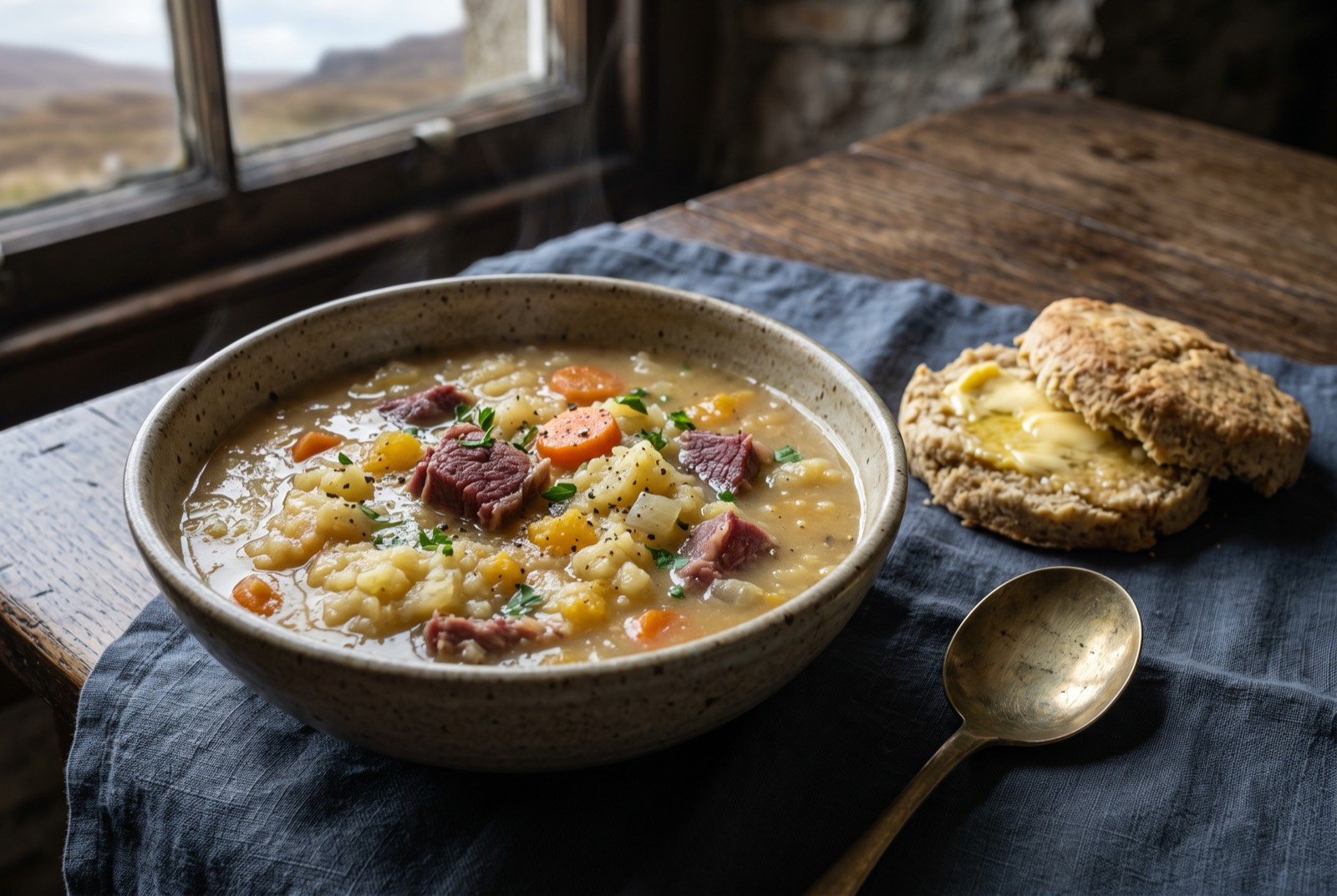 Reestit mutton and tattie soup: a rustic bowl of thick pale broth, roughly mashed potato and swede giving it body, chunks of deep reddish brown smoked mutton and orange coins of carrot breaking the surface.