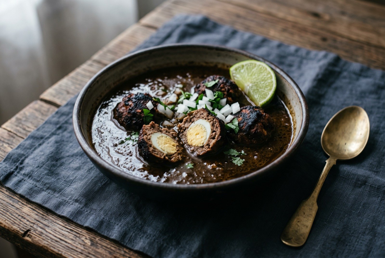 Relleno negro, a charred chile stew with pork and egg meatballs: a deep bowl of near black, faintly glossy broth, a few dark meatballs breaking the surface with a pale fleck of egg visible where one is cut open.