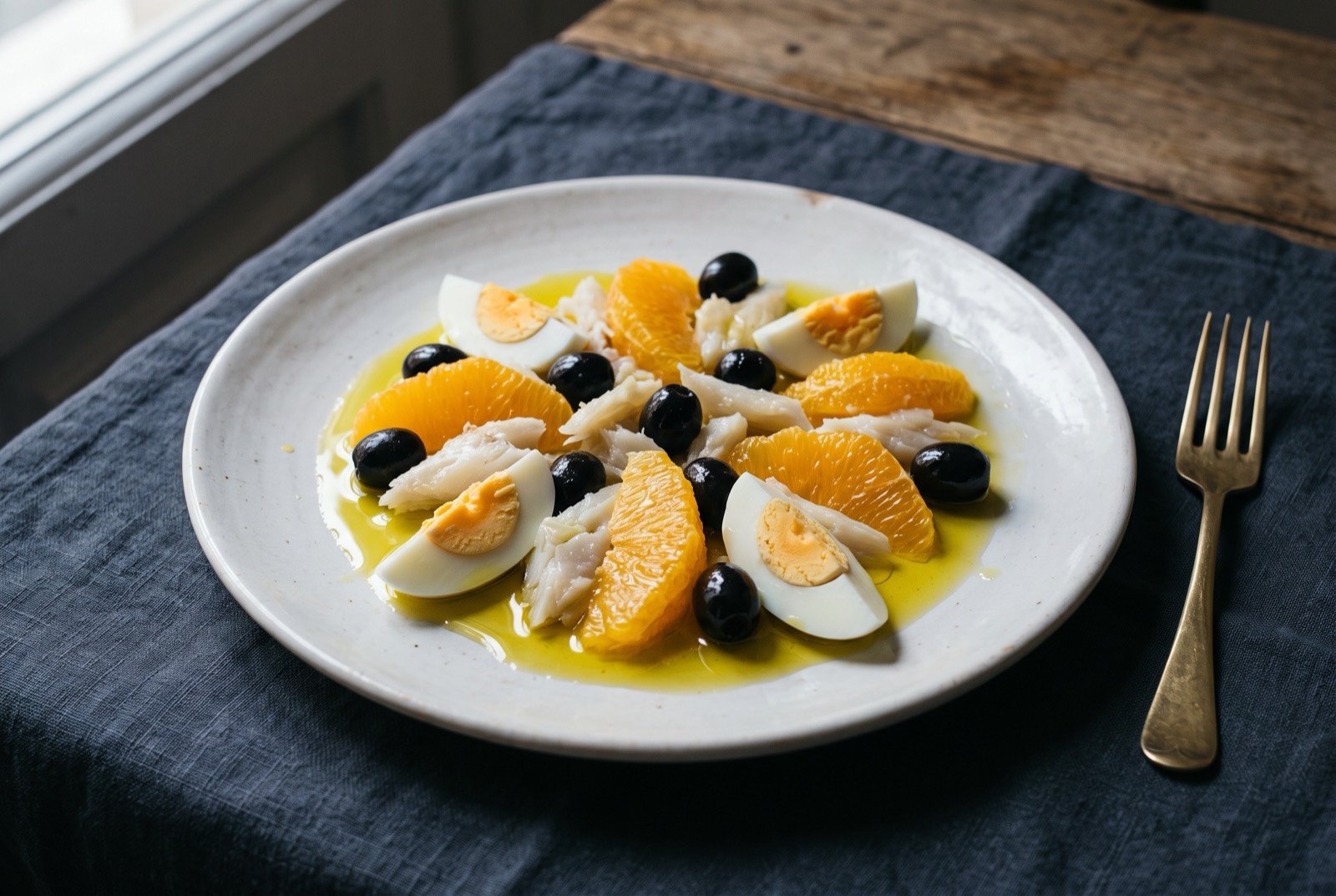 Remojón granadino, orange, salt cod and olive salad: bright orange segments arranged with pale shredded salt cod, black olives and quartered hard boiled egg on a wide white plate.