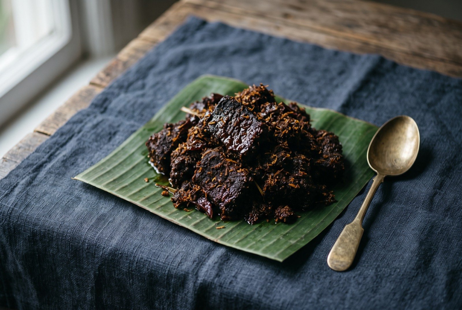 Rendang, beef slow reduced in spiced coconut milk until dry and near black: a mound of dark, near-black beef pieces glossy with rendered coconut oil, no visible liquid sauce pooling around them, flecks of toasted coconut and dried chilli skin caught in the surface.