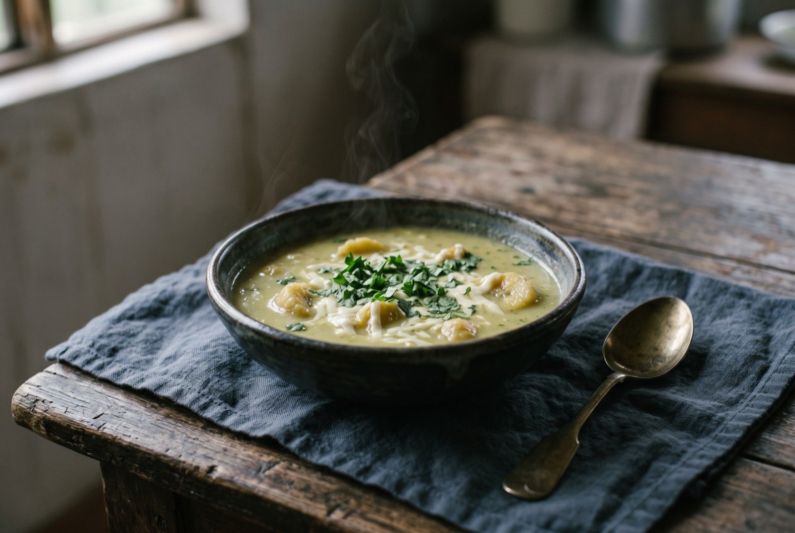 Repe lojano, a creamy green plantain soup with cheese: a rustic bowl of pale green, faintly thickened plantain soup, soft pieces of plantain breaking the surface among threads of melted white cheese.