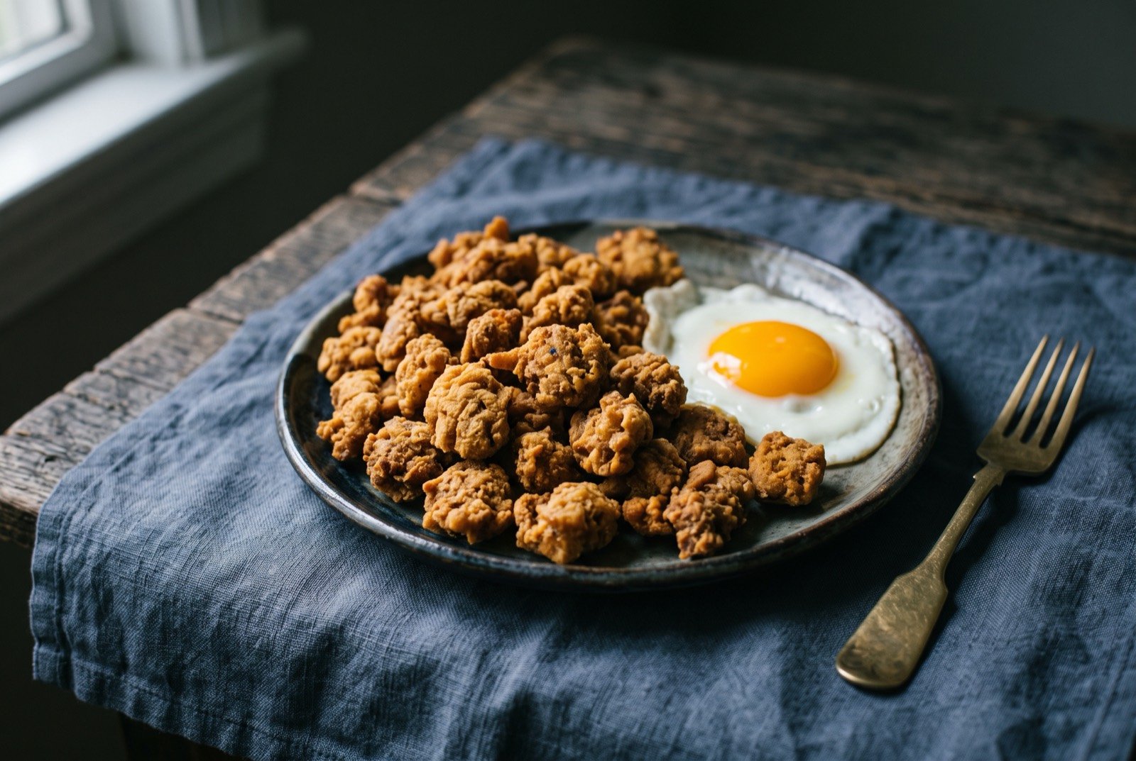 Reviro, a simple fried wheat dough, the bread of the mensú labourers: a small pile of irregular, roughly torn pieces of golden fried dough with a deeply crisp, blistered surface, one piece broken open to show a soft pale interior.