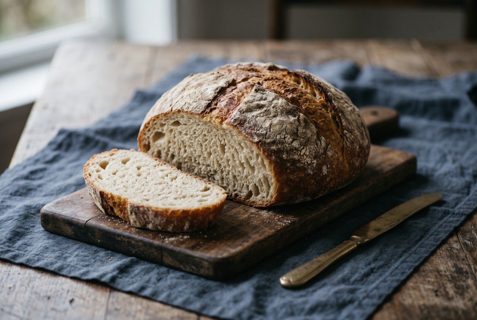 Rēwena bread, potato leavened Māori sourdough: a large round, deeply golden brown loaf with a cracked, floured crust, sitting whole on a wooden board, one thick slice cut away to reveal an open.