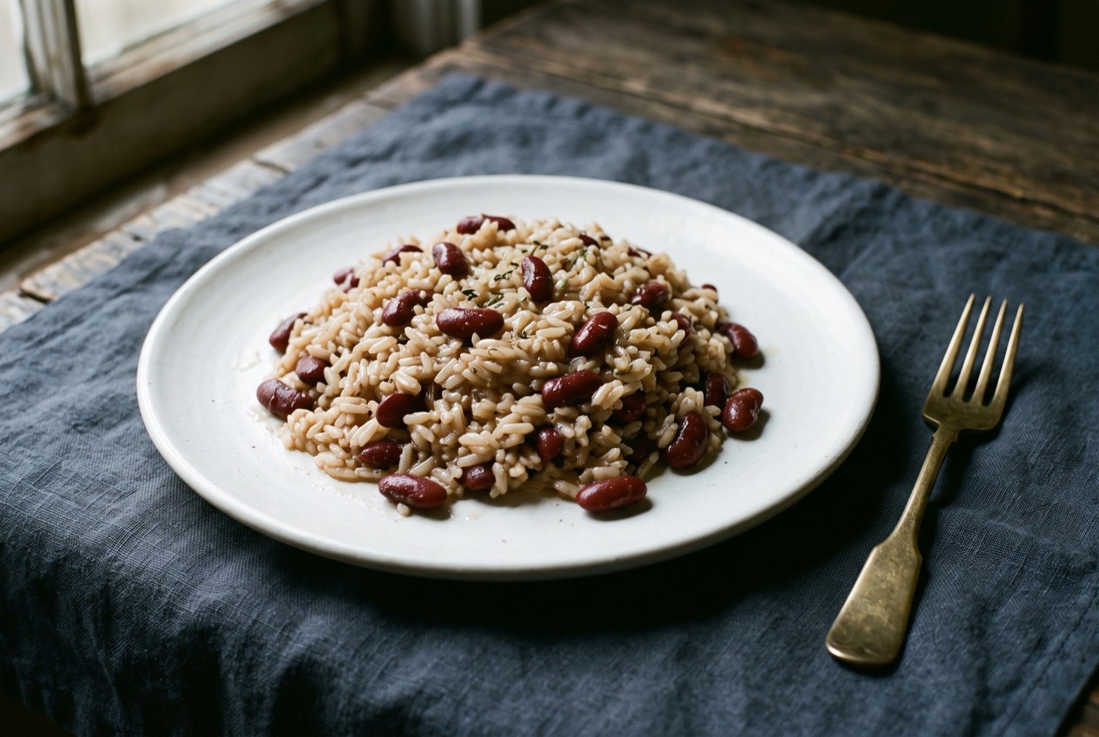Rice and beans, cooked together in coconut milk: a mound of glossy pale brown rice studded with dark red kidney beans, a faint sheen of coconut oil on the surface, served on a plain white plate.