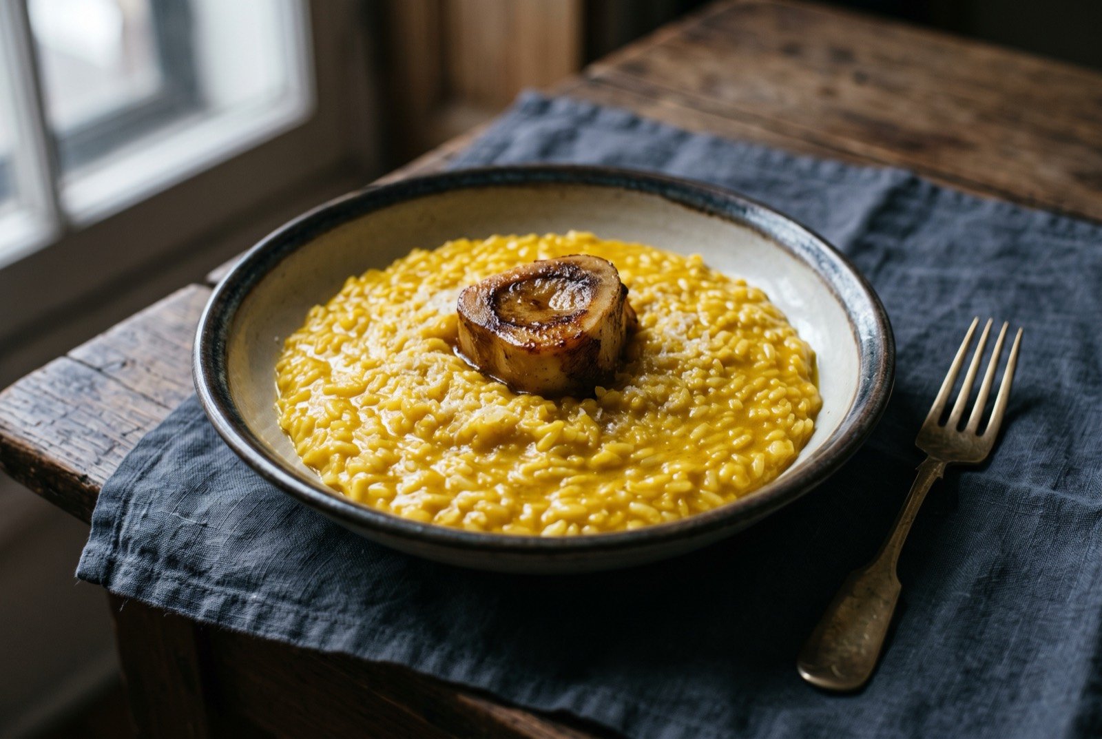 Risotto alla Milanese, a glossy saffron risotto finished with butter and Parmigiano: a shallow white bowl of pale golden saffron risotto, the surface glossy and loose enough to wave when the bowl is tilted.
