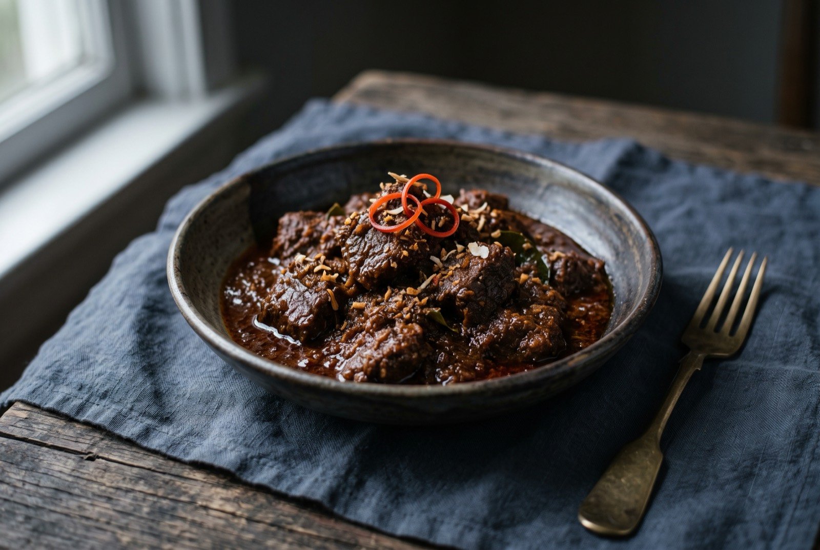 Riyandang, Maranao rendang, beef slow-braised in coconut milk and toasted coconut with palapa: a shallow bowl of dark reddish-brown beef stew, the sauce thick and clinging rather than dry, glossy with reduced coconut milk.