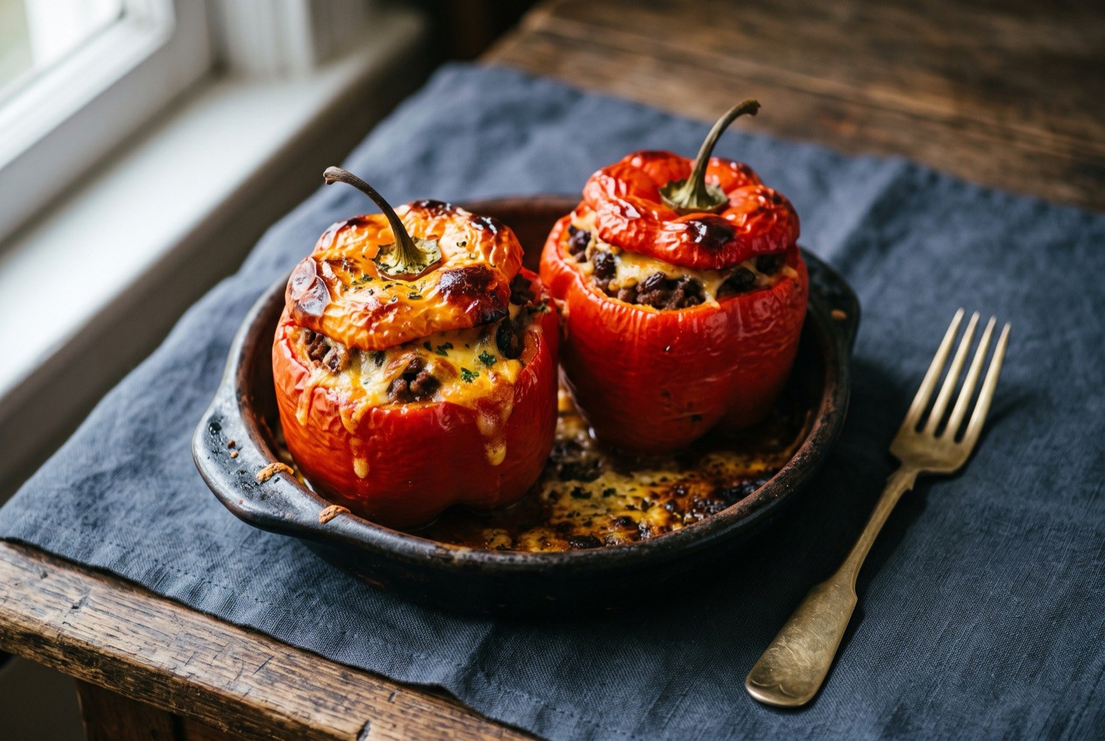 Rocoto relleno, stuffed spicy pepper: two bright red stuffed peppers standing upright in a small dark baking dish, tops golden and blistered from the oven, a little of the minced beef and raisin filling just visible spilling from one.