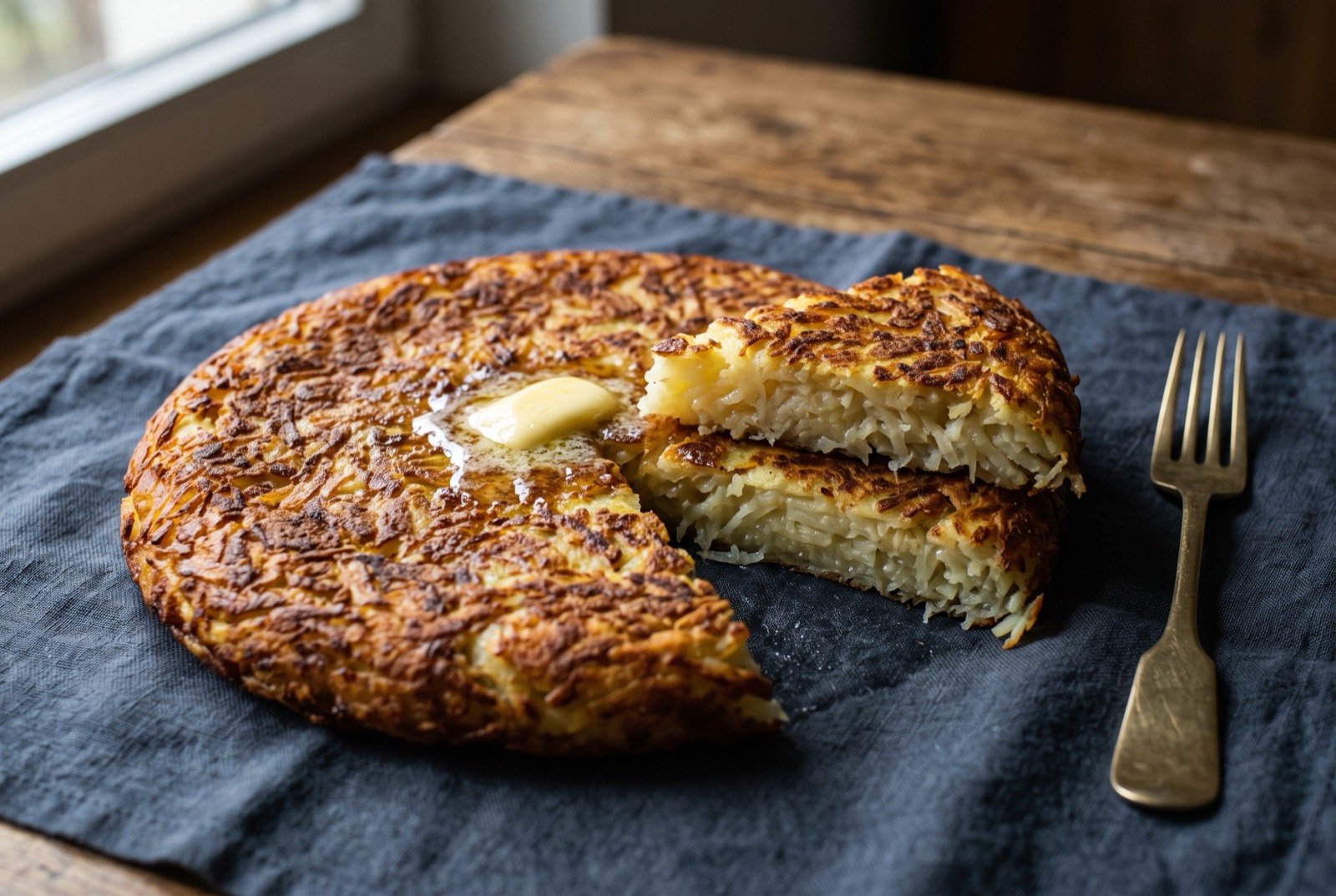 Rösti, a fried grated potato cake: a wide flat golden brown potato cake with a deeply crisped, mottled crust, one wedge cut away and lifted slightly to reveal a pale soft interior of fine potato shreds.