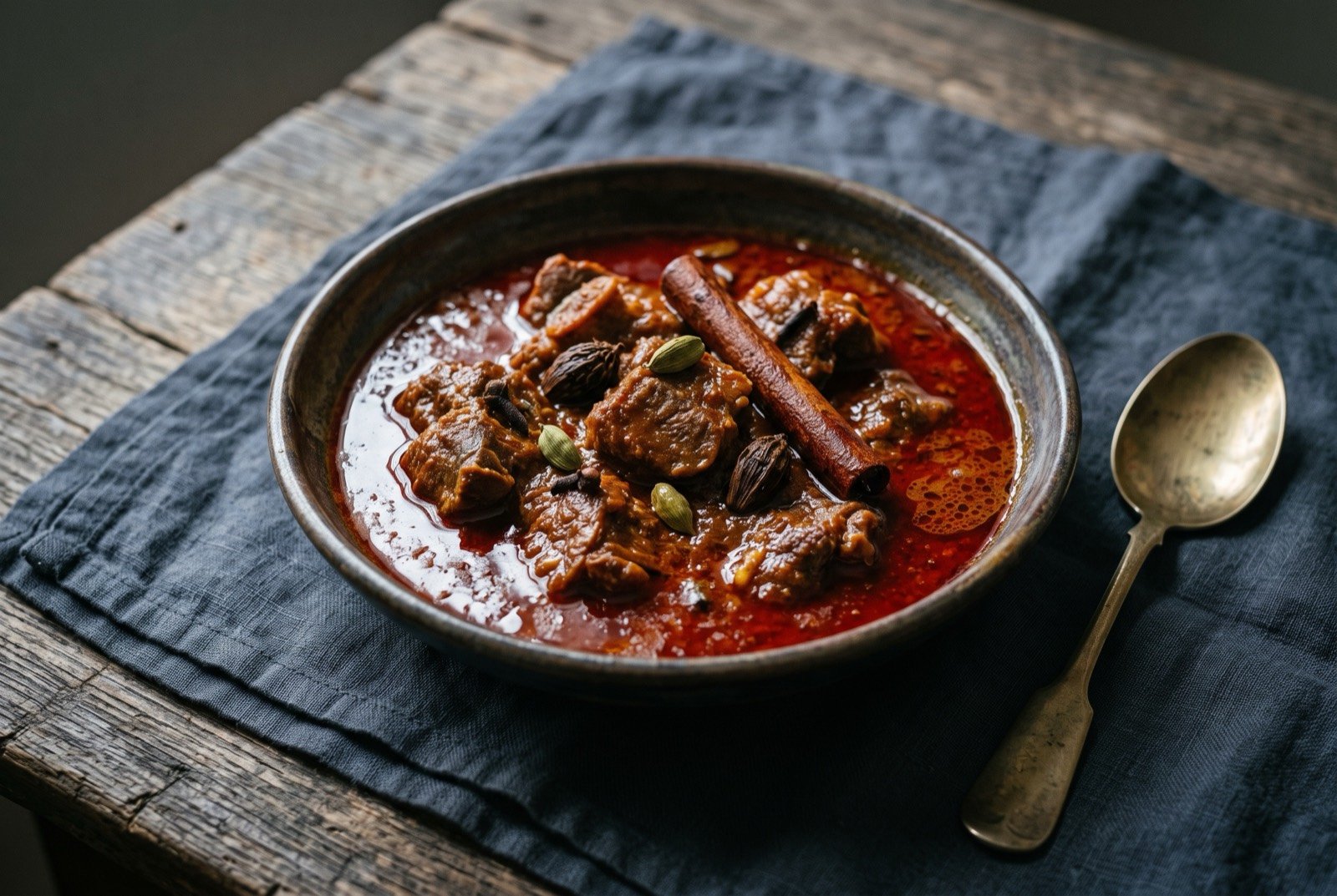 Rogan josh, slow-braised lamb in Kashmiri chilli red gravy: bone-in lamb pieces submerged in a thick, deeply red, glossy gravy, the surface slicked with a fine layer of red oil, no garnish.