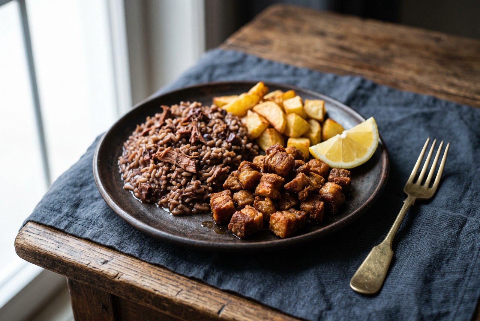 Rojões à moda do Minho, marinated fried pork with sarrabulho rice: small deep golden brown cubes of fried pork piled beside a mound of dark reddish rice studded with visible shredded meat.