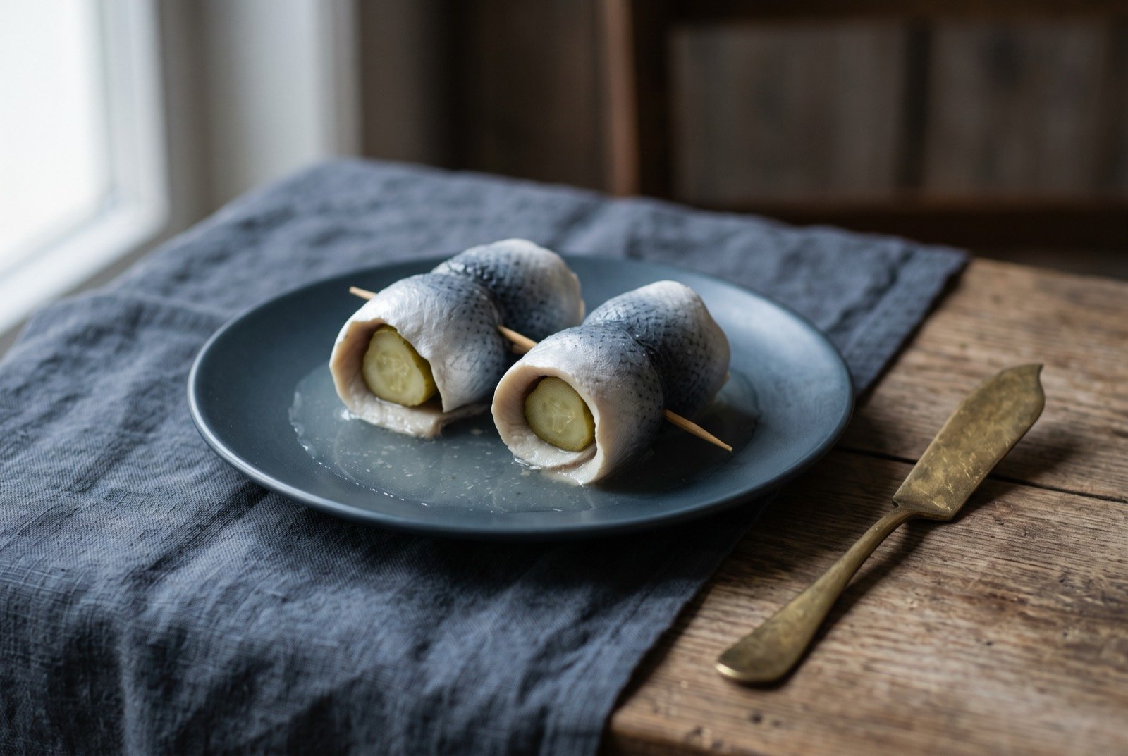 Rollmops, a vinegar-cured herring fillet rolled around pickle: two pale silvery-blue rolled herring fillets fixed with small wooden skewers, a piece of pale green pickled cucumber just visible at the centre of each roll.
