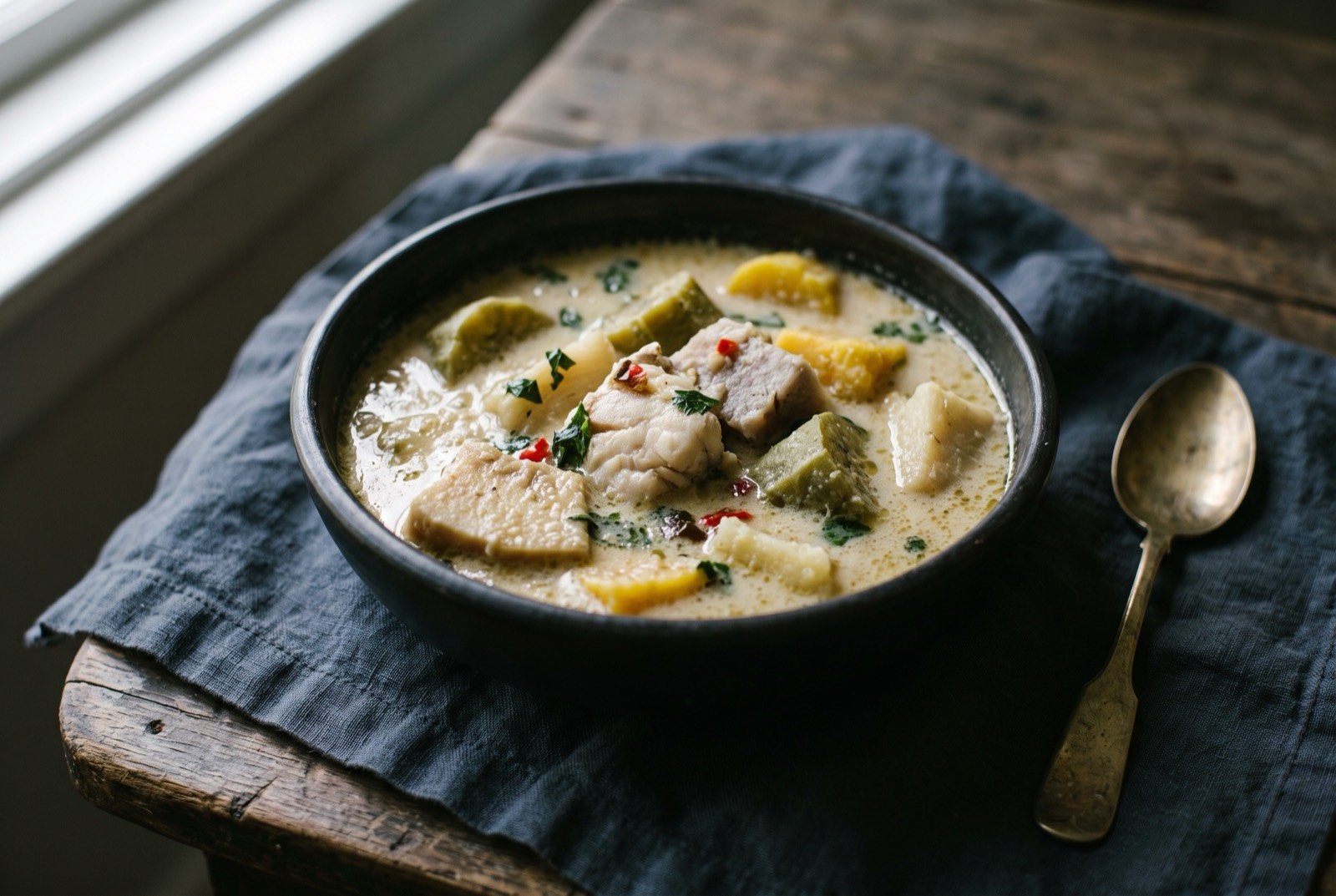 Rondón, a coconut fish and root vegetable stew: a deep, thick, pale ivory coconut broth in a rustic bowl, chunks of white fish, breadfruit, green plantain and root vegetables just breaking the surface.
