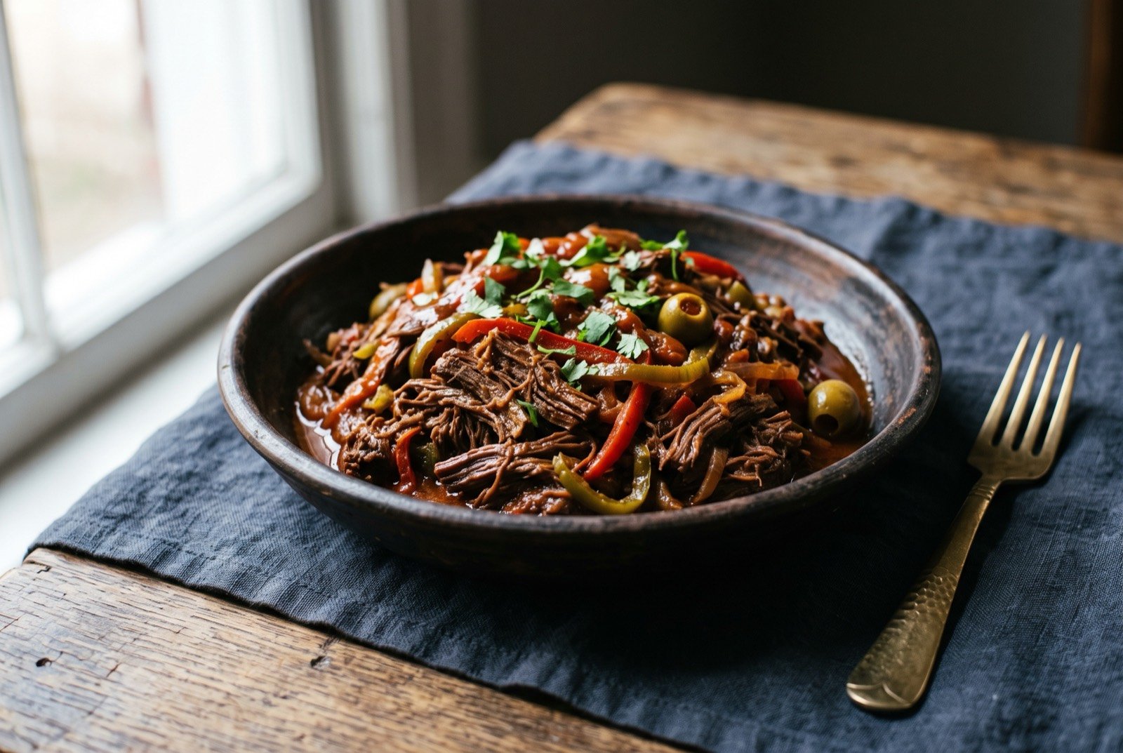 Ropa vieja, shredded beef in a tomato and pepper sofrito: a mound of dark, well cooked shredded beef in a glossy reddish tomato and pepper sauce, thin strips of red and green pepper visible throughout.