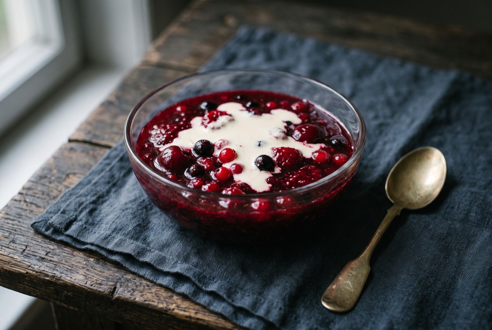 Rote Grütze, a North German red berry compote with cream: a glass bowl of glossy dark red berry compote, whole and part-crushed berries visible suspended through it, a soft pour of pale cream just settling across the surface.