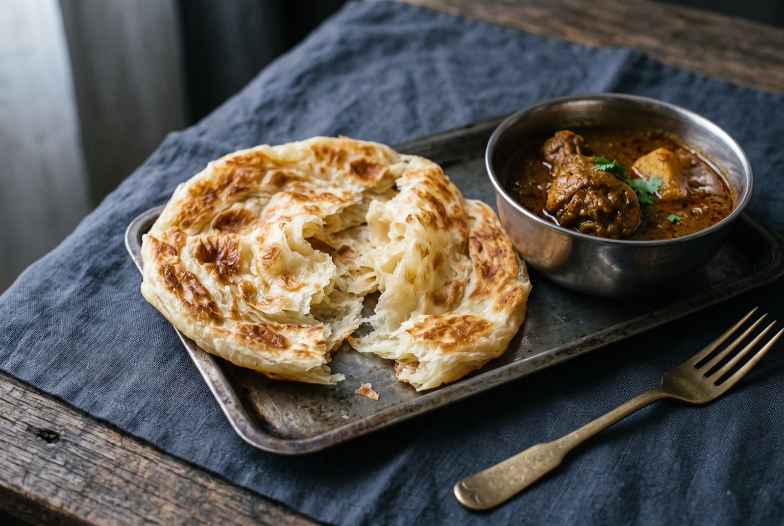 Roti canai, a flaky, hand-stretched flatbread torn open beside a small bowl of curry: a golden, blistered, flaky flatbread torn open on a metal tray to reveal its soft, layered interior, a small stainless steel bowl of dark curry sauce resting alongside.