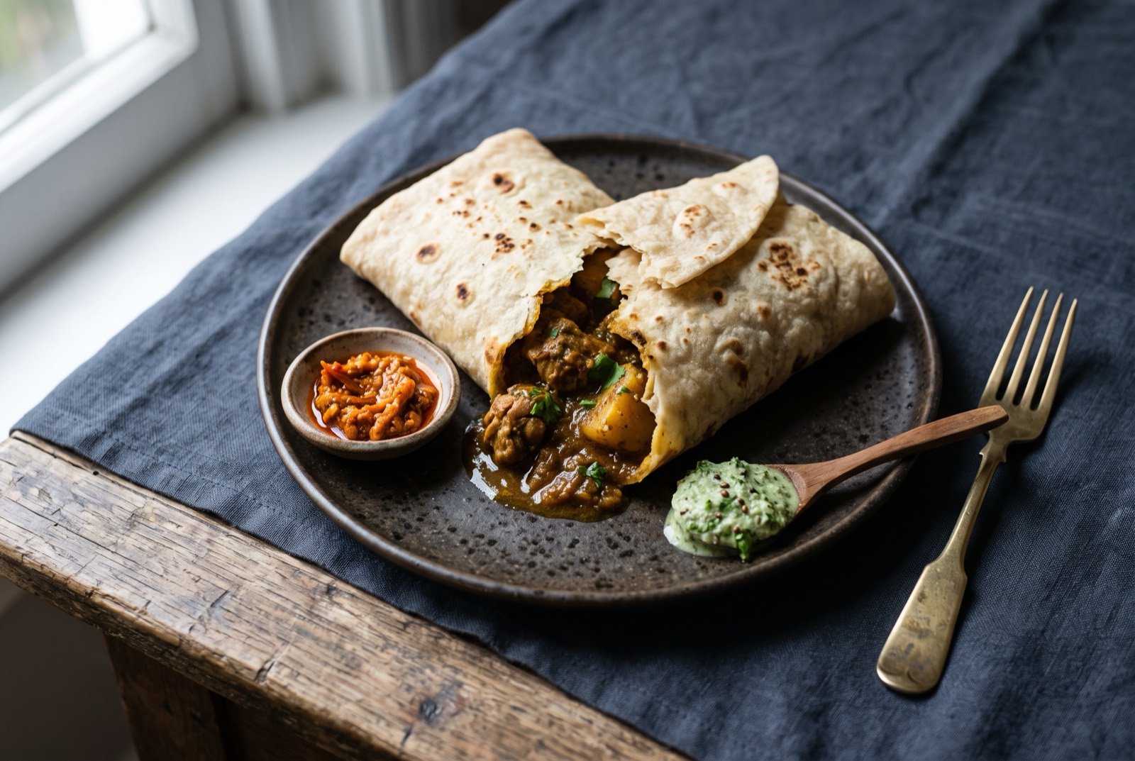 Roti parcel, Fijian curry wrapped in soft flatbread: a soft, pale golden flatbread folded into a tight parcel on a plate, torn open at one end to reveal a thick, dark curry filling glistening with oil.