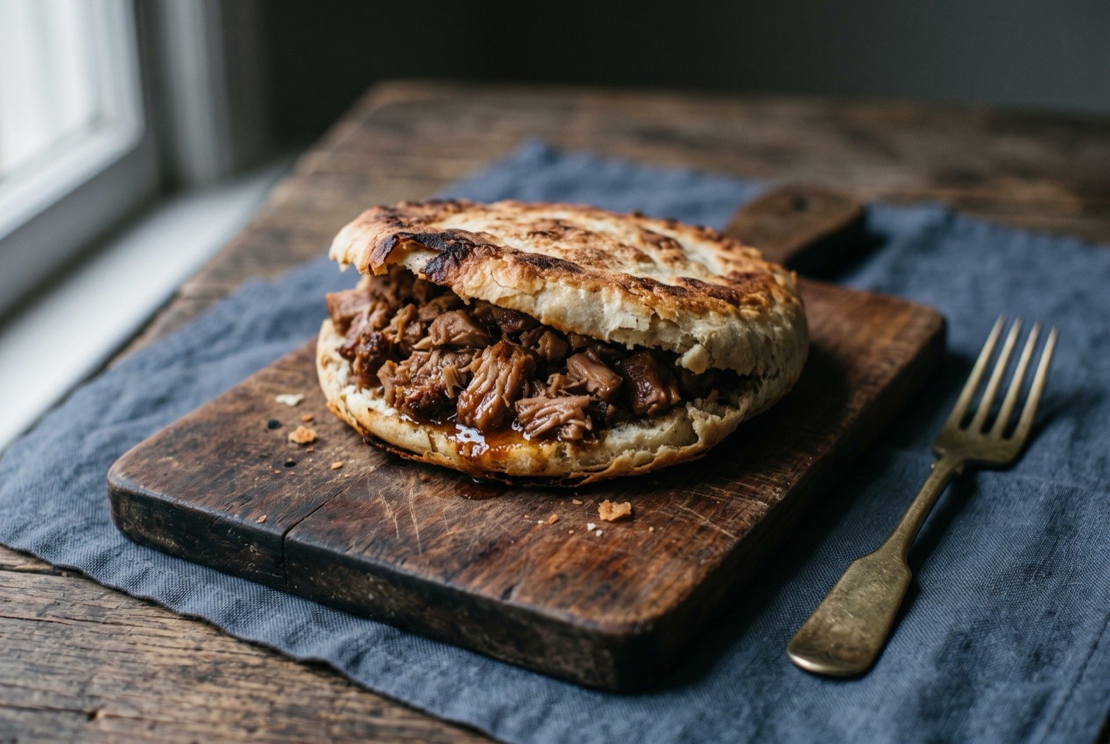 Roujiamo, braised meat stuffed inside flatbread: a thick round flatbread split open and stuffed with dark, glossy, finely chopped braised meat spilling slightly from the edges.