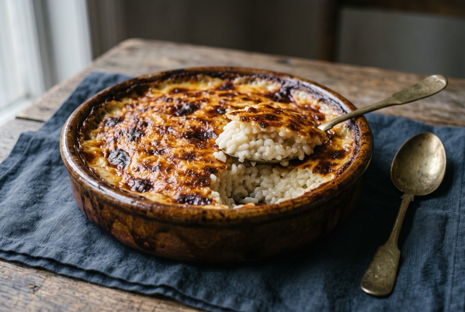 Roz meammar: A wide shallow glazed clay dish of baked rice, the surface a deep blistered gold and brown where the cream cap has browned and pulled back from the rim. A spoonful lifted out shows soft white grains beneath.