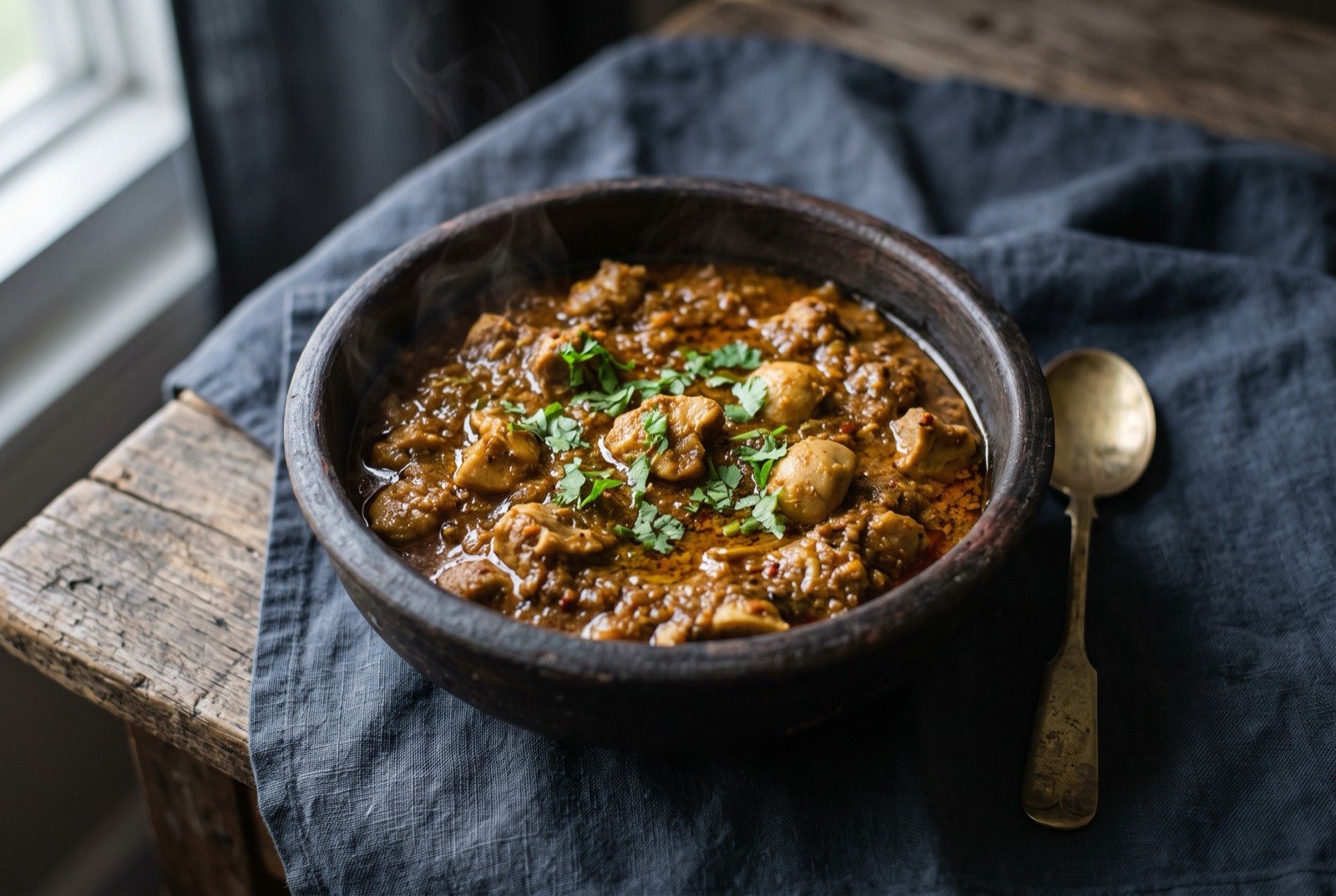 Rugra curry, Jharkhand's foraged forest puffball in a mustard-oil gravy: a dark clay bowl of thick reddish-brown gravy studded with pale, irregular chunks of mushroom, a faint sheen of mustard oil on the surface.