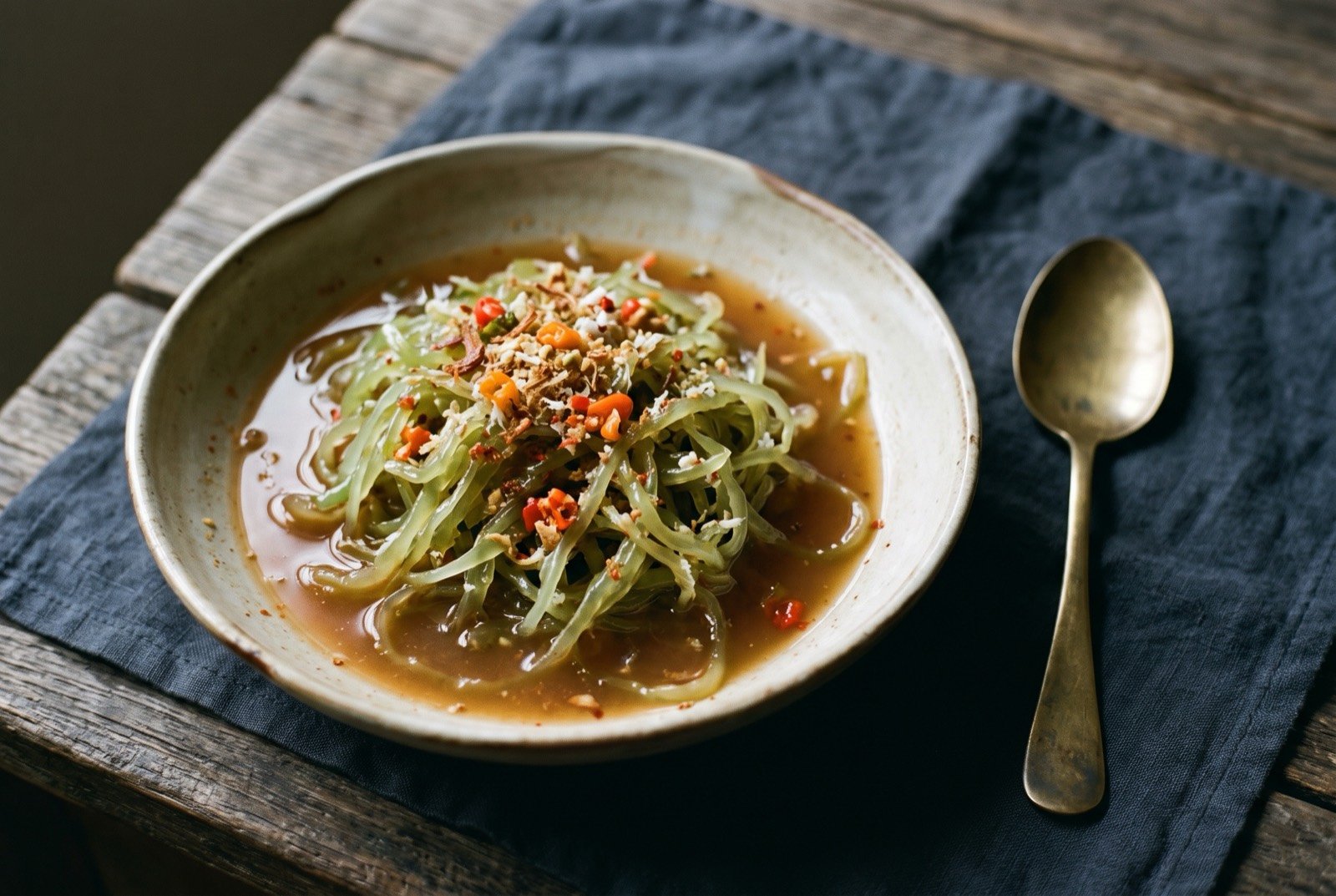 Rujak bulung, hot-dressed seaweed salad: a shallow bowl of glistening pale green and white seaweed strands tossed in a thin reddish-brown spiced broth, flecks of red chilli and grated coconut scattered across the top.