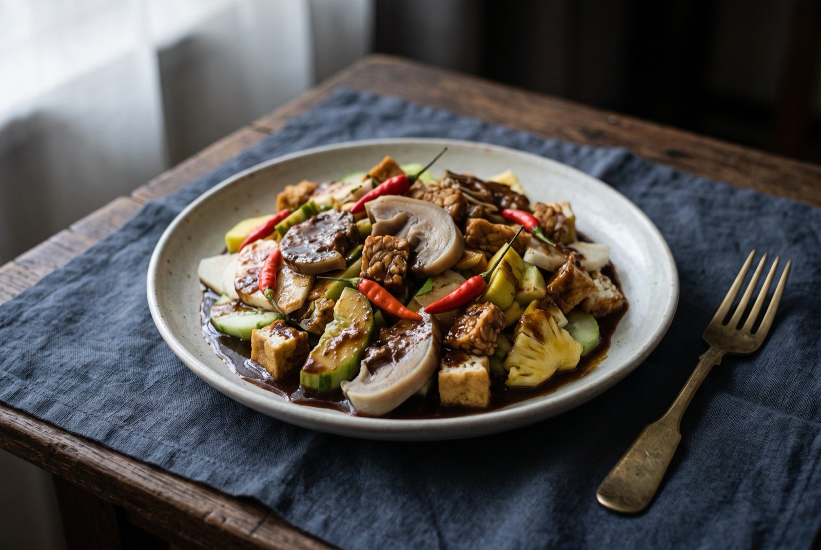 Rujak cingur, sliced fruit, vegetables and boiled cow snout dressed in a thick petis sauce: a wide plate of sliced cucumber, jicama, unripe mango and pineapple alongside cubes of fried tofu, tempeh and pale sliced cow snout.